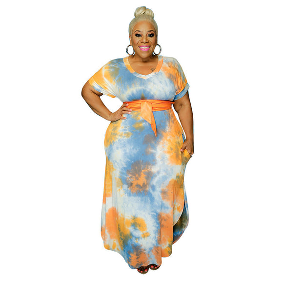 Plus Size Tie-Dye Printed Side Pocket V-neck Loose  Women Dress