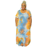 Plus Size Tie-Dye Printed Side Pocket V-neck Loose  Women Dress
