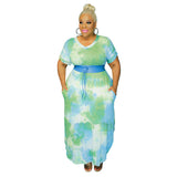 Plus Size Tie-Dye Printed Side Pocket V-neck Loose  Women Dress