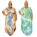 Plus Size Tie-Dye Printed Side Pocket V-neck Loose  Women Dress