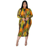Plus Size Plus Size Sexy Women Wear Turtleneck Long Sleeve Slim Tie-Dye Printed Midi Dress for Women
