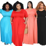 Plus Size Solid Color Pleating Large Swing Short Sleeve Long Pattern Dress