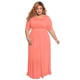 Plus Size Solid Color Pleating Large Swing Short Sleeve Long Pattern Dress