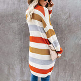 Striped Stitching Sweater Cardigan Women Autumn Winter New Long Color Matching Pocket Knitted Cardigan