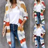 Striped Stitching Sweater Cardigan Women Autumn Winter New Long Color Matching Pocket Knitted Cardigan