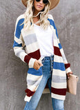 Striped Stitching Sweater Cardigan Women Autumn Winter New Long Color Matching Pocket Knitted Cardigan