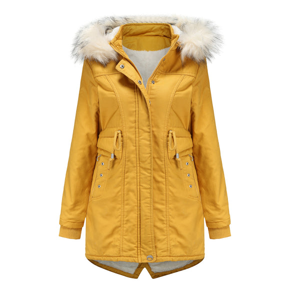 Women Cotton-Padded Clothes Fleece Mid-Length Detachable Hat Fur Collar Winter Warm Fleece Overcoat Woman Plus Size