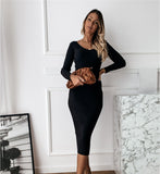 Autumn Winter V-neck Solid Color Long Sleeve Sunken Stripe Dress Women Clothing Plus size