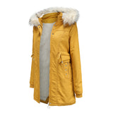 Women Cotton-Padded Clothes Fleece Mid-Length Detachable Hat Fur Collar Winter Warm Fleece Overcoat Woman Plus Size