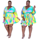 Plus Size Printed V-neck Sexy Woven Large Swing Skirt with Belt  Women Dress