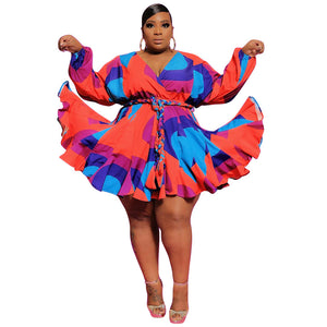 Plus Size Printed V-neck Sexy Woven Large Swing Skirt with Belt  Women Dress