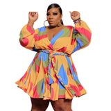 Plus Size Printed V-neck Sexy Woven Large Swing Skirt with Belt  Women Dress