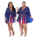 Plus Size Printed V-neck Sexy Woven Large Swing Skirt with Belt  Women Dress