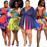 Plus Size Printed V-neck Sexy Woven Large Swing Skirt with Belt  Women Dress