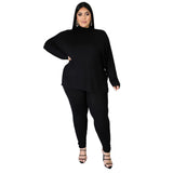 Plus Size Fall Winter Turtleneck Solid Color Split Long-Sleeved Trousers Women Casual Sports Suit