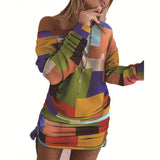 Contrast printing irregular long sleevedress