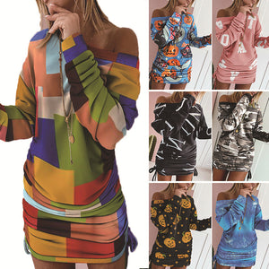 Contrast printing irregular long sleevedress