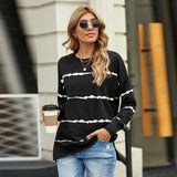 Plus Size Hooded Striped Printed Sweater Women Loose Long Sleeve round Neck Top