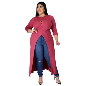 Plus Size Women Solid Color Sexy Hollow Out Cutout Split Dress Top