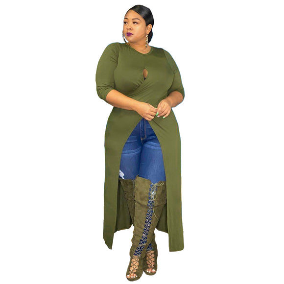 Plus Size Women Solid Color Sexy Hollow Out Cutout Split Dress Top