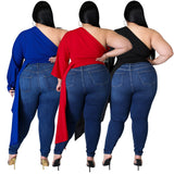 Plus Size Women  Solid Color Oblique Shoulder Puff Sleeve Asymmetric Top