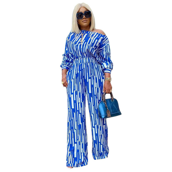 Plus Size Popular  Women Clothing Striped Printed Oblique Long Sleeve Shoulder Width Loose Casual Set Women