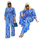 Plus Size Popular  Women Clothing Striped Printed Oblique Long Sleeve Shoulder Width Loose Casual Set Women