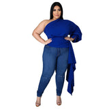 Plus Size Women  Solid Color Oblique Shoulder Puff Sleeve Asymmetric Top