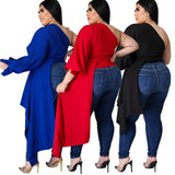 Plus Size Women  Solid Color Oblique Shoulder Puff Sleeve Asymmetric Top