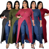 Plus Size Women Solid Color Sexy Hollow Out Cutout Split Dress Top
