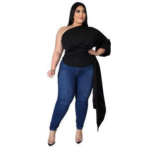 Plus Size Women  Solid Color Oblique Shoulder Puff Sleeve Asymmetric Top