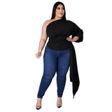 Plus Size Women  Solid Color Oblique Shoulder Puff Sleeve Asymmetric Top