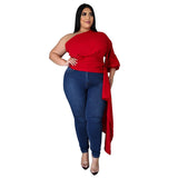 Plus Size Women  Solid Color Oblique Shoulder Puff Sleeve Asymmetric Top