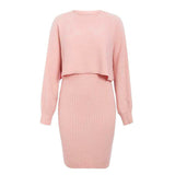 Knitted Dress Two Piece Set Autumn Winter Solid Color Pullover Sweater Women