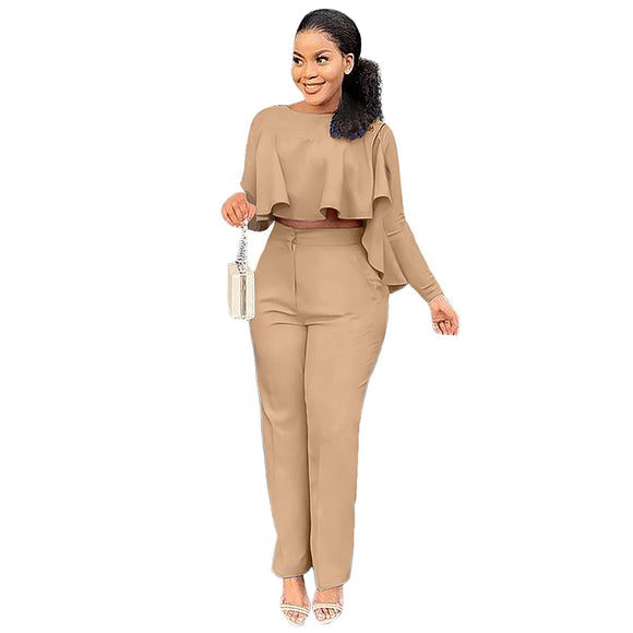 Women Clothing  Front Short Back Long Ruffled Zipper Pocket Straight-Leg Pants Two-Piece Set