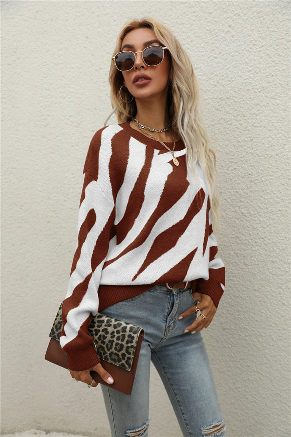 Winter Striped Personality Knitted Pullover Sweater Plus Size Women Round Neck Sweater