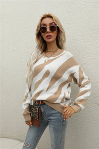 Winter Striped Personality Knitted Pullover Sweater Plus Size Women Round Neck Sweater