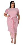 Plus Size Sexy Women Wear round Neck Striped Short Sleeve Lace-up Women Casual Dress