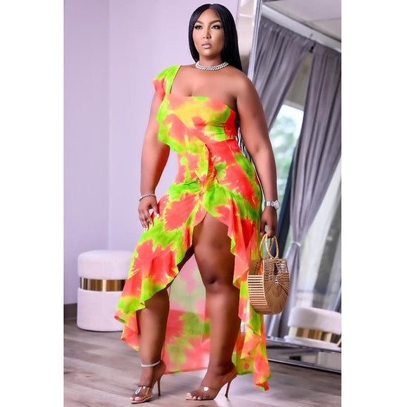 Plus Size Women Clothing Summer Single Sleeve Irregular Asymmetric Printed Flounced Skirt Edge Dress