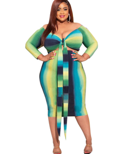 Plus Size Women Clothing Wrapped Chest Strap Sexy V-neck Striped  Dress