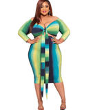 Plus Size Women Clothing Wrapped Chest Strap Sexy V-neck Striped  Dress