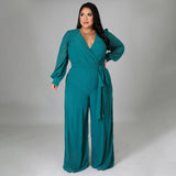 Plus Size Women Loose Straight Solid Color Belt Jumpsuit