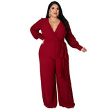 Plus Size Women Loose Straight Solid Color Belt Jumpsuit