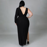 Plus Size Women Clothing Spring Solid Color Single Sleeve Sexy Hollow Out Cutout Maxi Dress