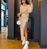 Turtleneck Loose Pullover Top Split Sexy Long Skirt Two-Piece Set Winter