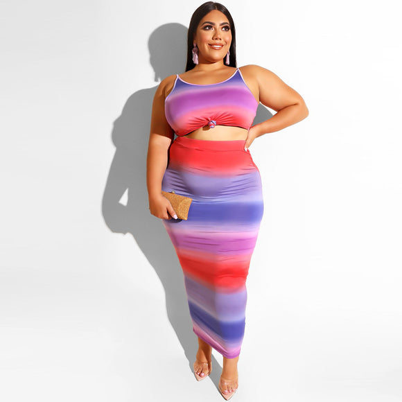 Plus Size Women Leopard Print Sling Mid-Length Dress Set Skinny Sheath Sexy Two-Piece Suit