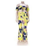 Plus Size Plus Size Women Sexy Print Pleating Bandage Bell-Bottom Pants Suit