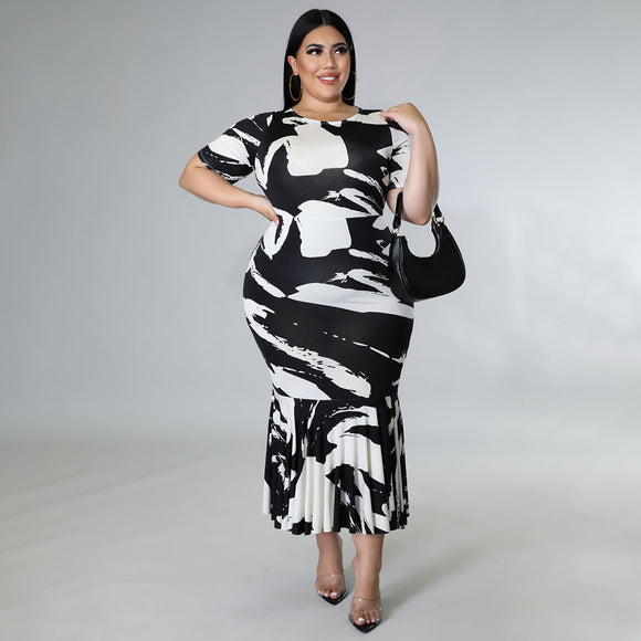 Plus Size Spring Summer round Neck Short Sleeve Flounced Dress Printed  Dress