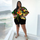 Plus Size Spring Autumn Women Clothing  Two-Piece Suit Printing Casual T-shirt Shorts Set