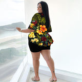 Plus Size Spring Autumn Women Clothing  Two-Piece Suit Printing Casual T-shirt Shorts Set